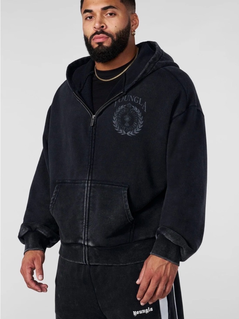 YoungLA Washed Black Full-Zip Hoodie
